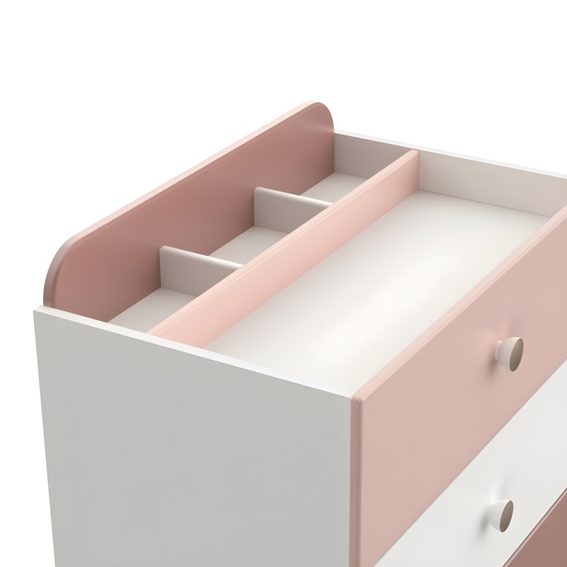 Cajonera infantil blanco y rosa con divisores internos y tirador circular vista en perspectiva