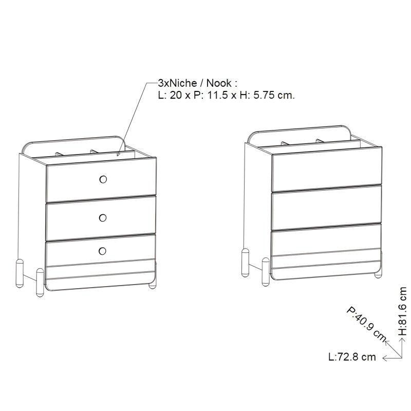 Cajonera con 3 cajones y niche superior diseño minimalista con patas cilíndricas