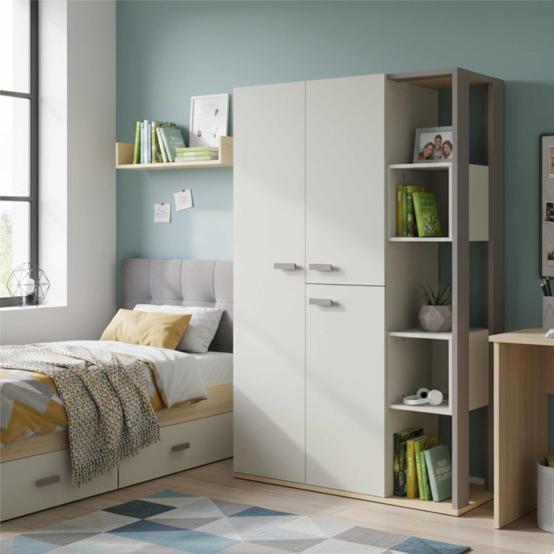 Armario modular blanco y madera con estantes abiertos y puertas cerradas en ambiente de dormitorio infantil