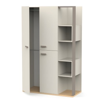 Armario modular blanco con puertas y estantes abiertos laterales base en madera natural vista frontal