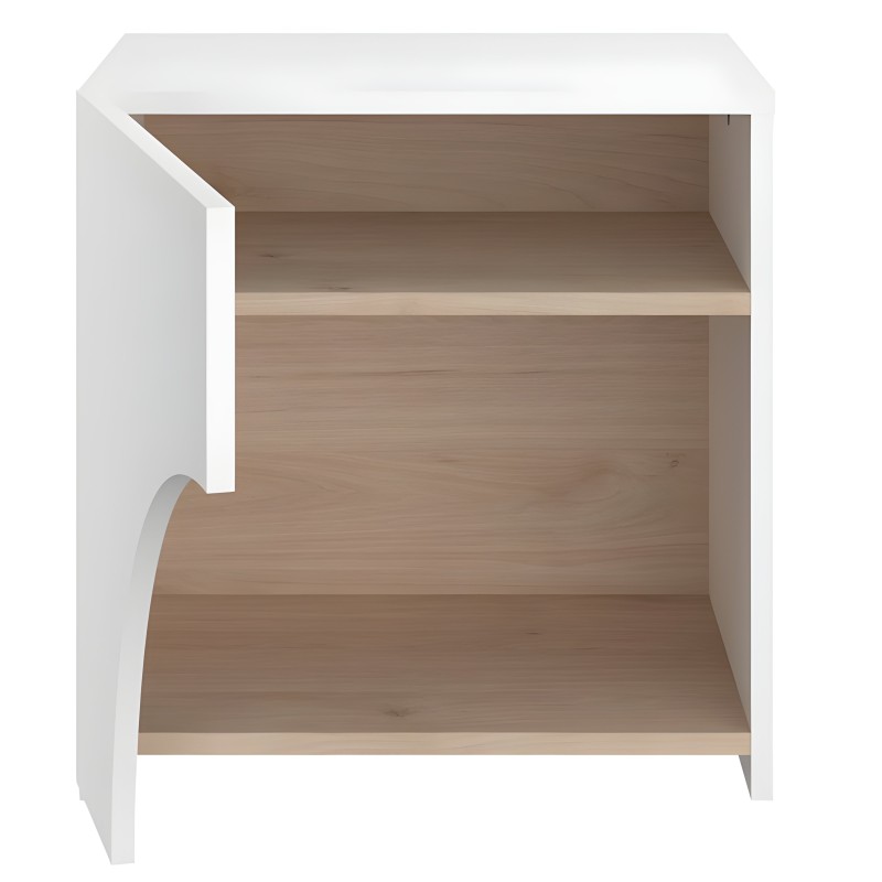 Mueble auxiliar blanco con estantes de madera clara y lateral curvo vista frontal