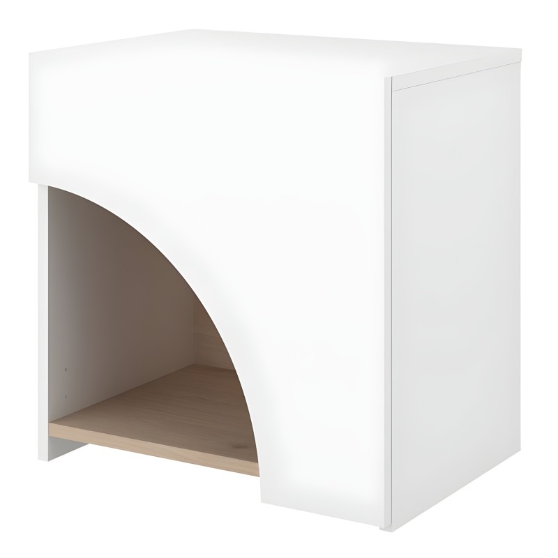 Mesita de noche blanca con nicho curvo y madera natural en el interior