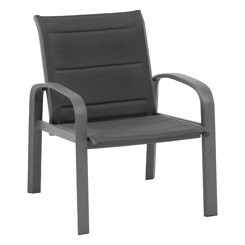 Sillón de exterior con estructura de aluminio gris y respaldo textileno negro con costillas horizontales
