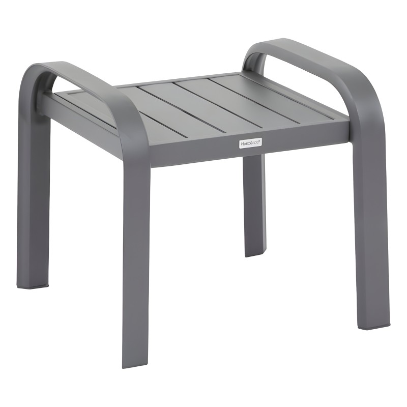 Mesa baja de aluminio gris con asiento laminado y respaldos curvados laterales