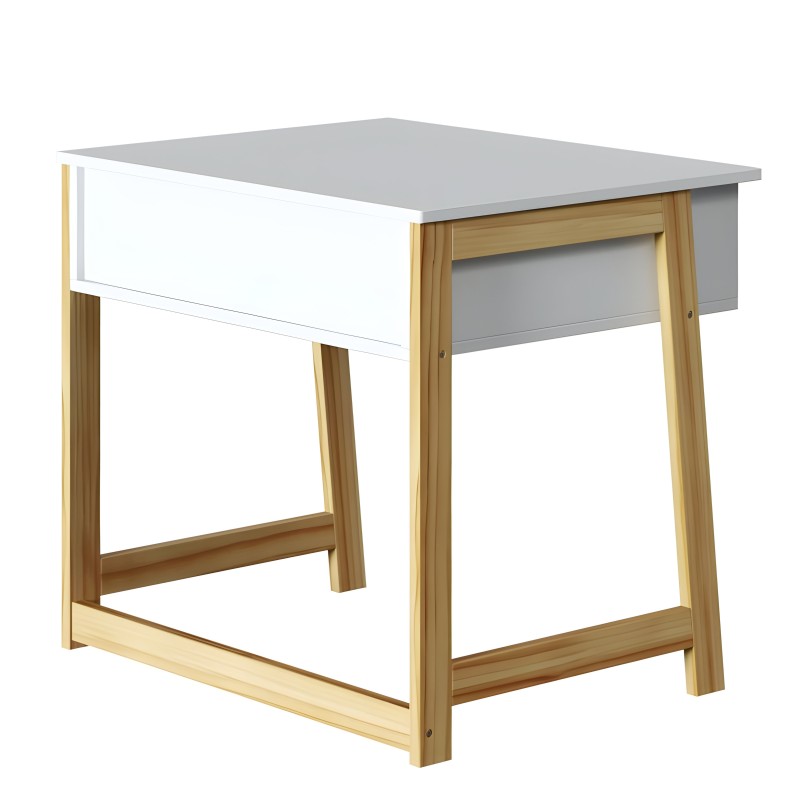 Escritorio con tablero gris y estructura en madera natural con cajón blanco frontal