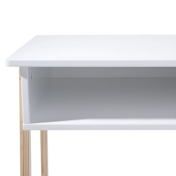 Escritorio con tablero blanco y estructura de madera natural con cajón frontal gris