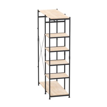 Estantería alta de metal negro y madera clara con seis estantes y refuerzo en X lateral