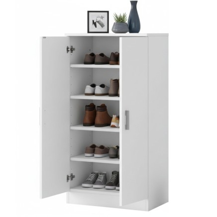 Armario zapatero blanco con puertas abatibles y seis estantes internos para almacenamiento de zapatos y accesorios