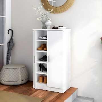 Zapatero blanco con puerta corredera y estantes abiertos con zapatos y accesorios en ambiente de recibidor
