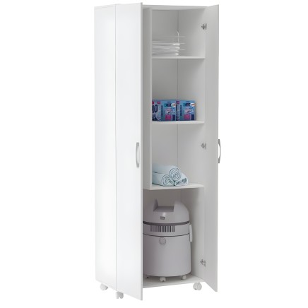 Armario blanco con puertas y estantes abiertos mostrando productos de limpieza y humidificador en interior