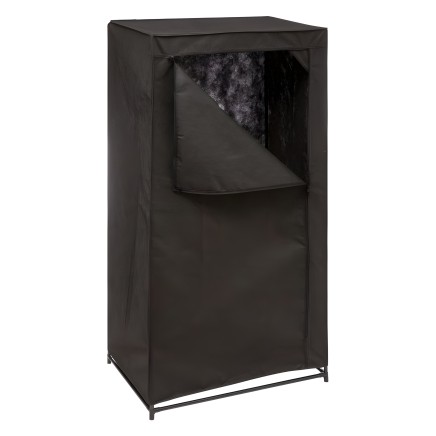 Armario de tela negro con estructura metálica y puerta con cortinilla desplegable