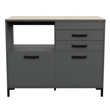 Mueble aparador gris oscuro con encimera beige y 4 cajones con asas negras y hueco abierto en la parte superior