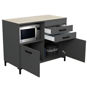 Mueble de cocina gris antracita con encimera clara y microondas integrado y cajones abiertos