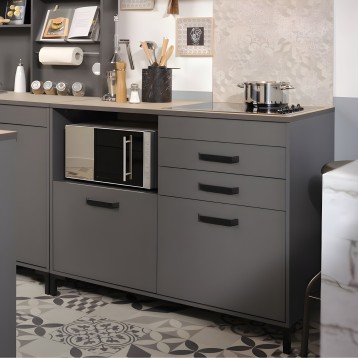 Mueble de cocina gris antracita con encimera beige y microondas integrado vista en ambiente completo