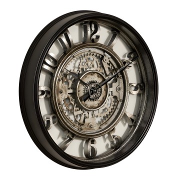 Reloj de pared redondo con marco negro y engranajes metálicos visibles en estilo industrial vintage