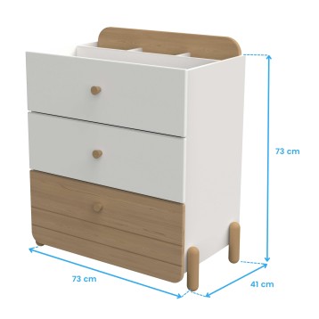Cajonera blanca y madera con tres cajones y respaldo redondeado de madera natural