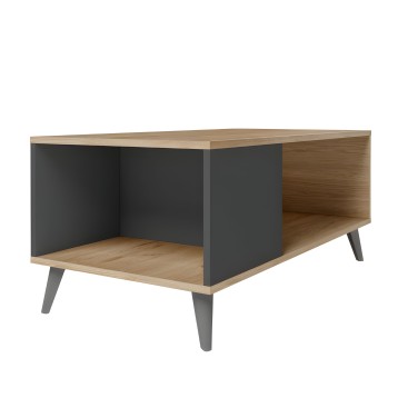 Mesa de centro con estructura en madera clara y paneles negros con compartimentos abiertos y patas grises