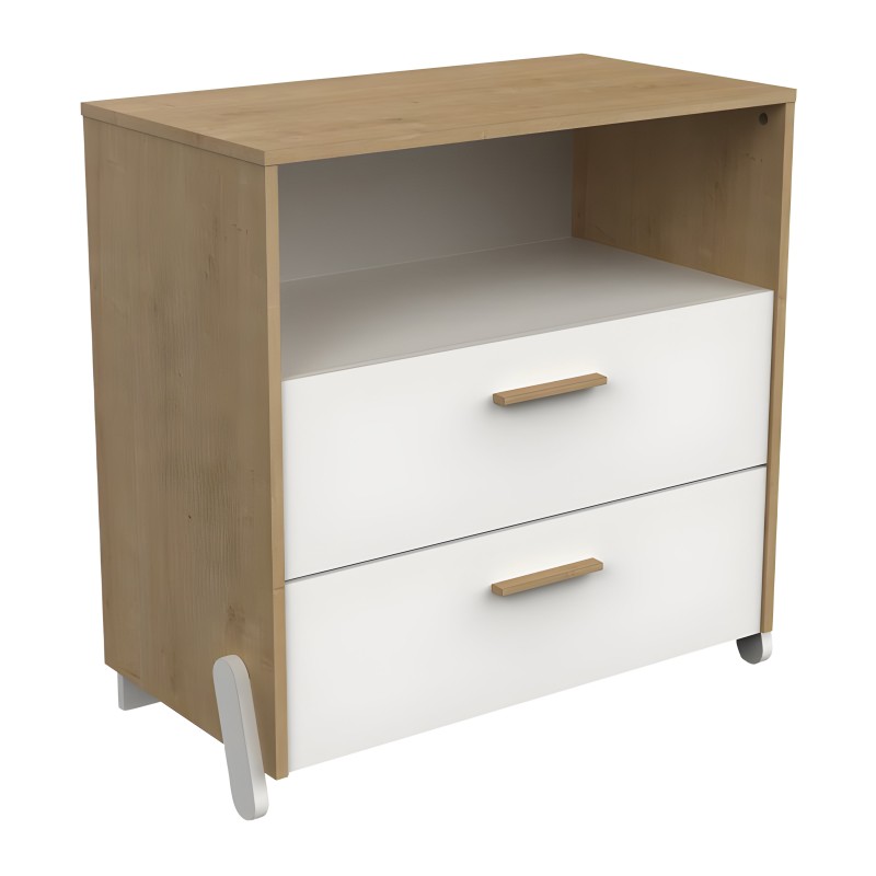 Cómoda infantil con estructura madera natural y frente blanco con dos cajones y asas de madera y ruedas