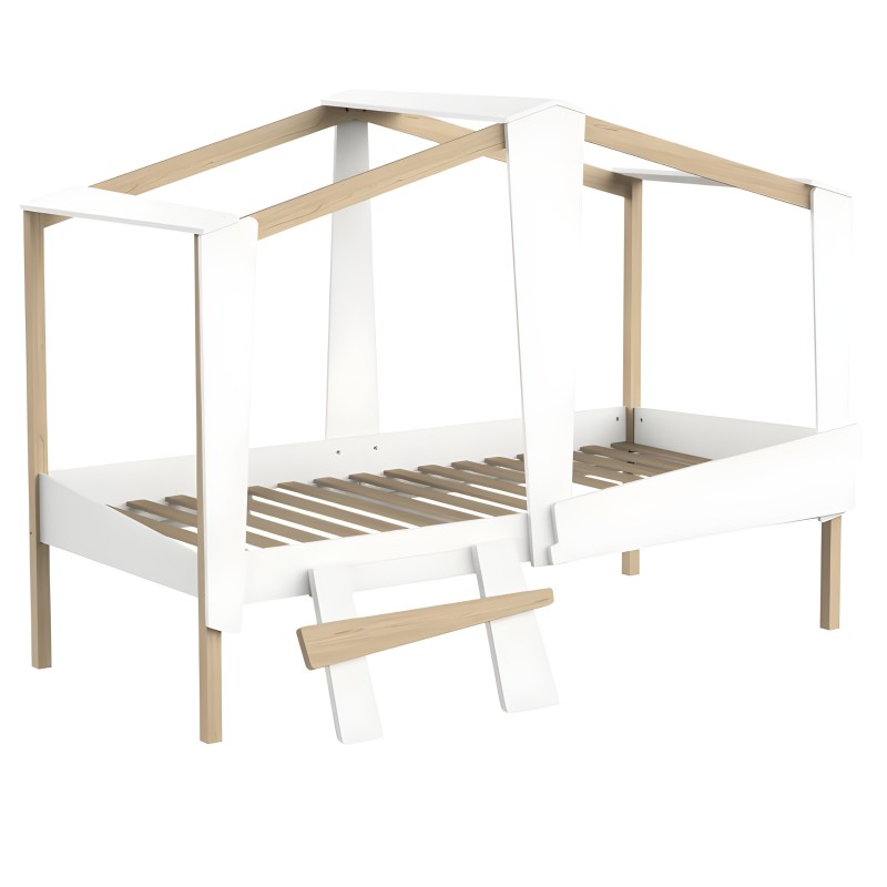Cama con dosel blanca y madera natural con estructura de cuatro postes y somieres de lamas