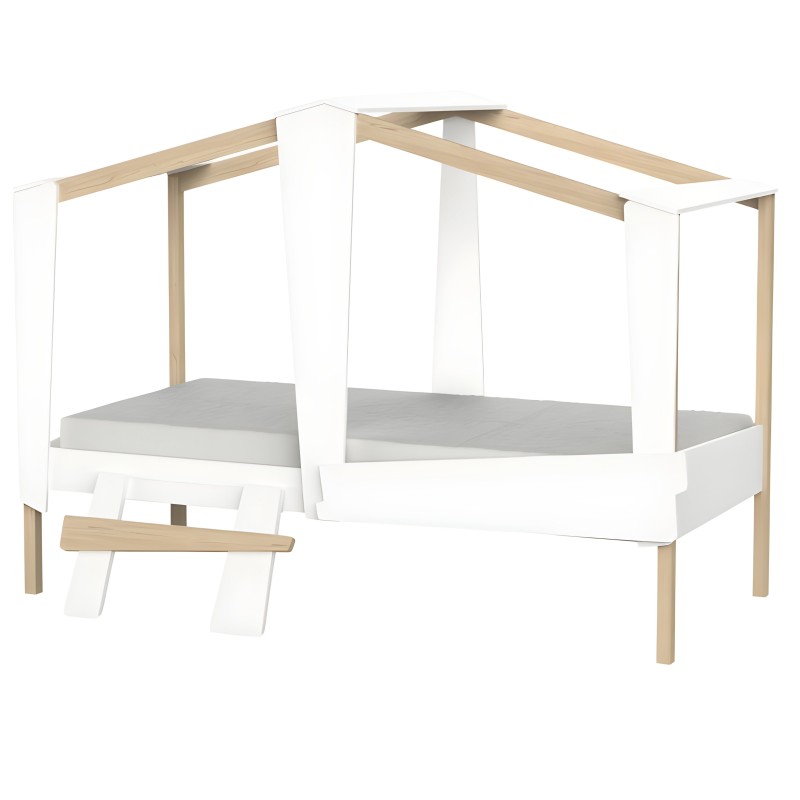 Cama con dosel de madera natural y blanco con estructura de cuatro postes y colchón gris