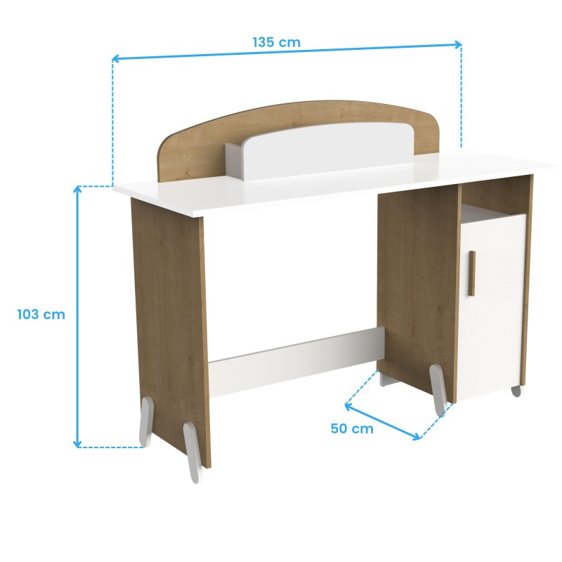 Escritorio infantil con estructura en madera y tablero blanco y respaldo curvo con cajón y puerta lateral