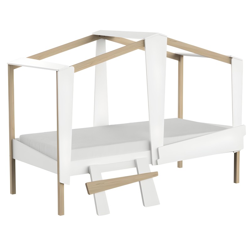 Cama dosel blanca y madera natural con estructura de cuatro postes y colchón gris