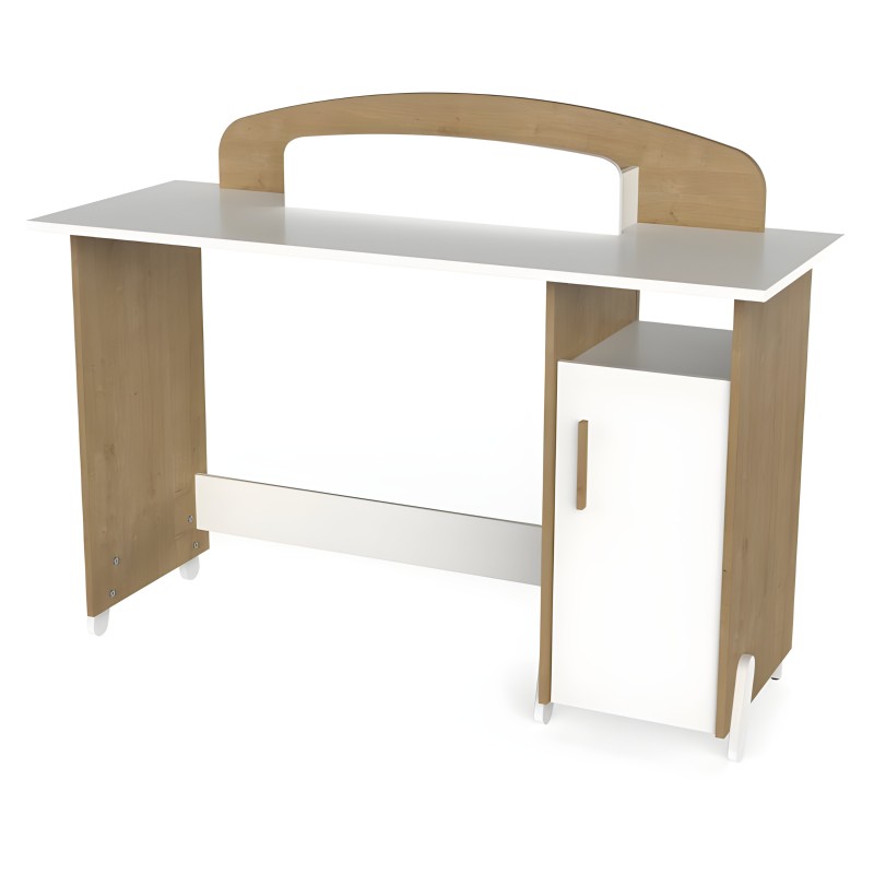 Escritorio infantil de madera natural y blanco con estante y puerta con tirador de madera