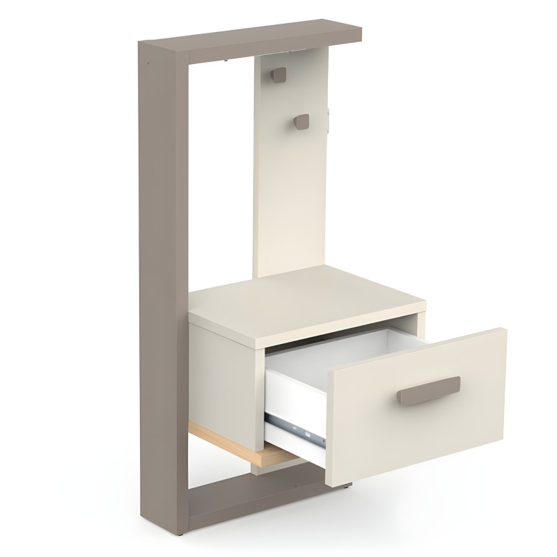 Mesita de noche modular en blanco y gris con espejo integrado y cajón extraíble con tirador metálico