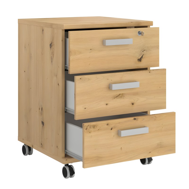 Cajonera de madera clara con tres cajones abiertos y ruedas negras para desplazamiento