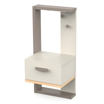 Mesita de noche blanca y gris con estructura abierta cajón inferior y detalles en madera natural