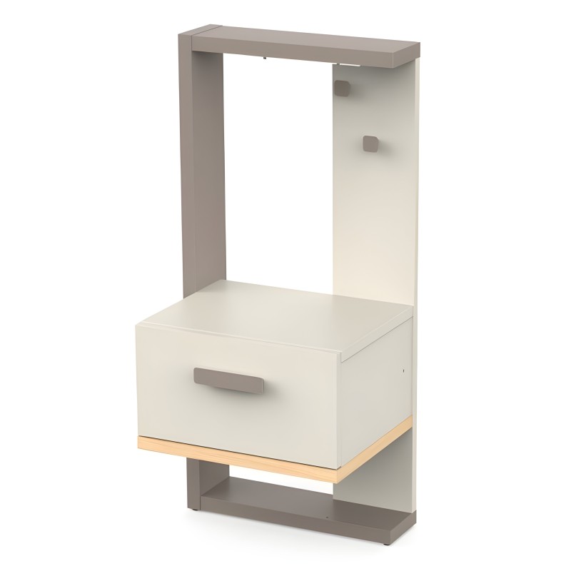 Mesita de noche blanca y gris con estructura abierta cajón inferior y detalles en madera natural