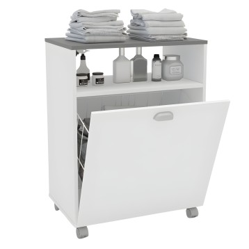 Mueble auxiliar blanco con ruedas y puerta abatible en blanco y gris con estantes abiertos y toallas apiladas encima