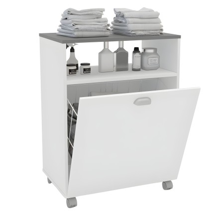 Mueble auxiliar blanco con ruedas y puerta abatible en blanco y gris con estantes abiertos y toallas apiladas encima