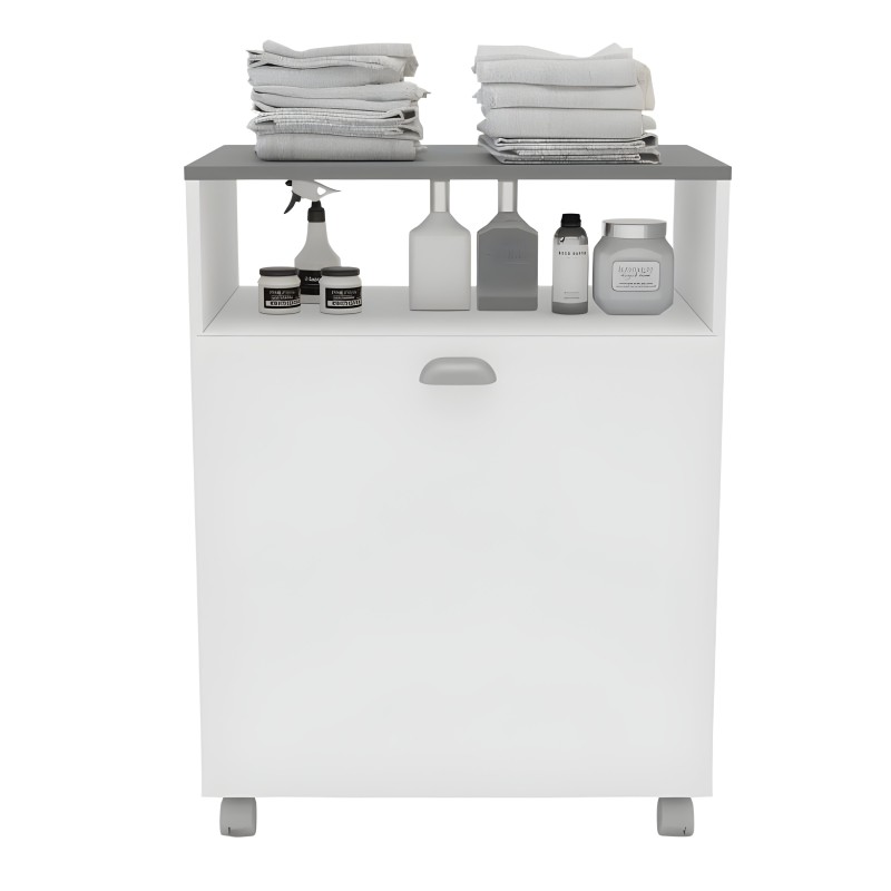 Mueble auxiliar blanco con estante abierto y cajón inferior almacenando textiles y productos de limpieza