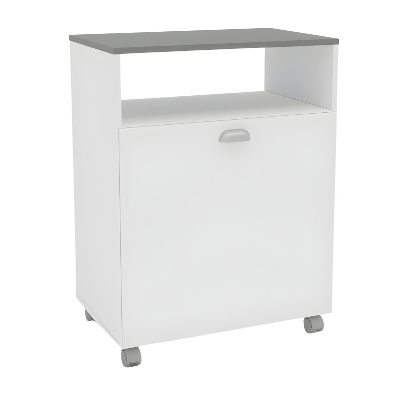 Mueble auxiliar blanco con tapa gris y ruedas con estante abierto y cajón inferior