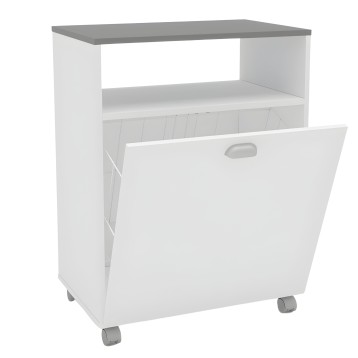 Mueble auxiliar blanco con cubo extraíble y estante abierto y tapa gris en ruedas