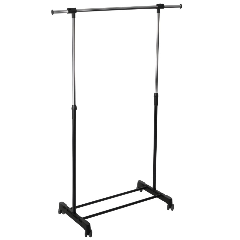Perchero de pie negro con estructura metálica y ruedas giratorias detalle de soporte y casters inferiores