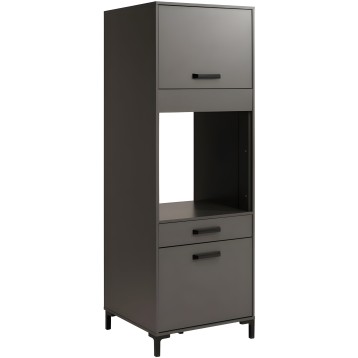 Mueble auxiliar gris oscuro y negro con cajones y nicho abierto central en vista frontal
