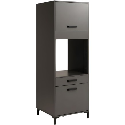 Mueble auxiliar gris oscuro y negro con cajones y nicho abierto central en vista frontal