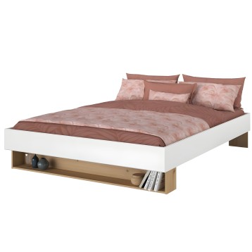 Cama doble estructura blanca con base de madera natural y almacenamiento frontal incluido y ropa de cama rosa