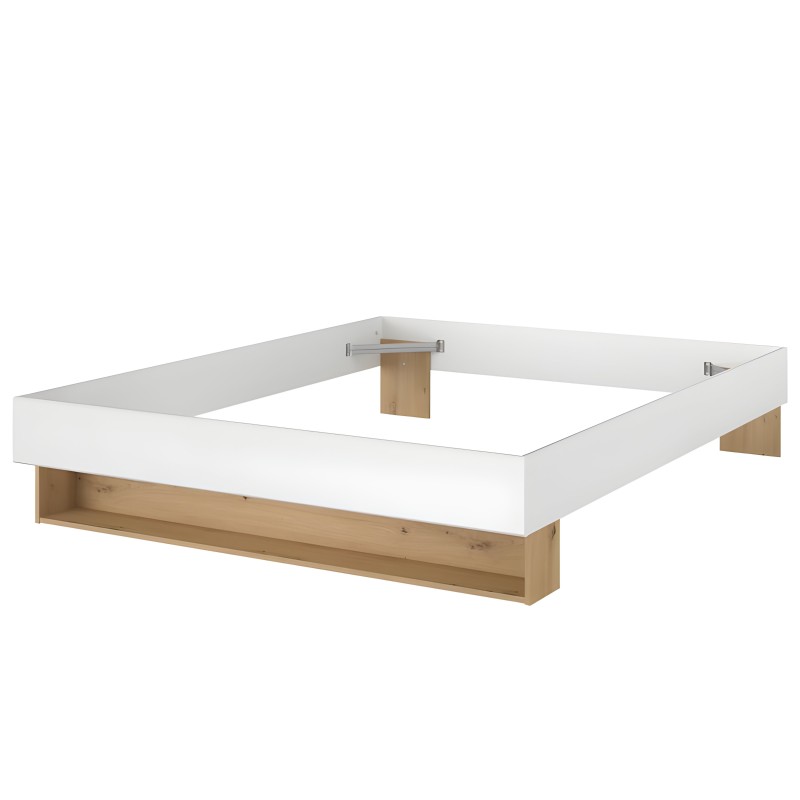 Base de cama rectangular blanca y madera natural con marco elevado y patas de madera