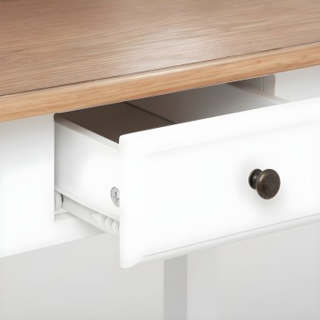 Tocador blanco con tablero de madera natural y base blanca con cajón abierto y tirador metálico bronce