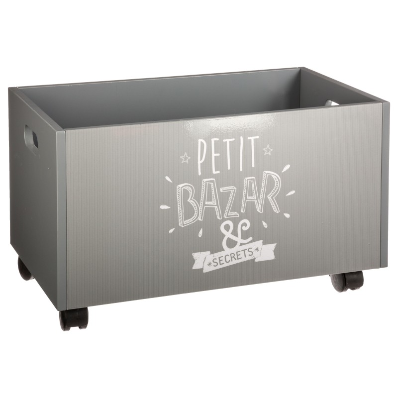 Baúl de almacenamiento gris con ruedas y texto decorativo Petit Bazar & Secrets en blanco