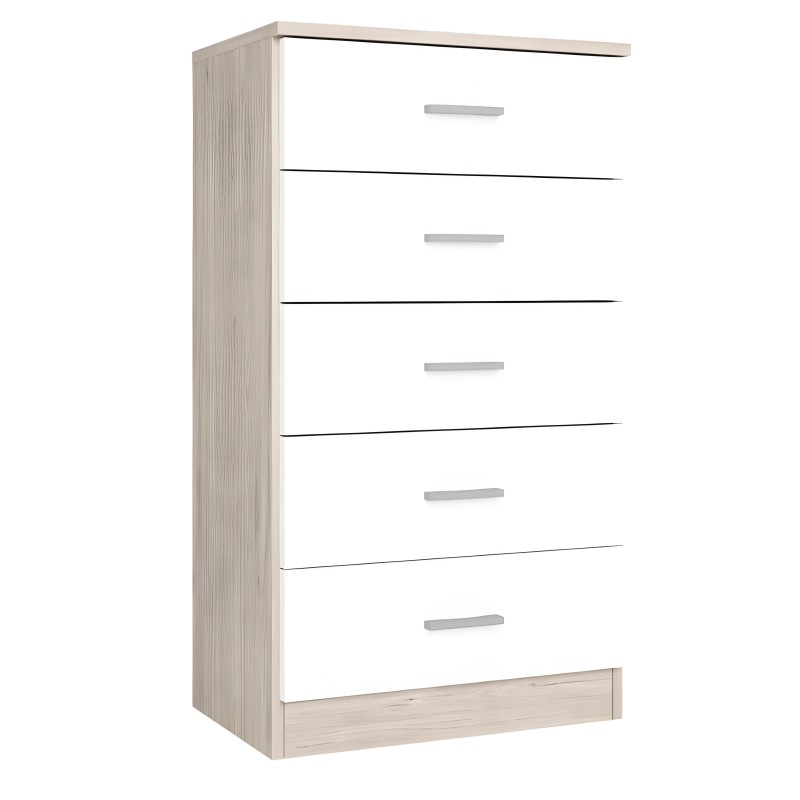 Cómoda de madera clara con 6 cajones blancos y tiradores grises de diseño moderno
