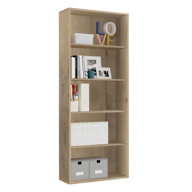 Estantería de madera clara con seis compartimentos y dos cajoneras grises en la base para almacenamiento y decoración