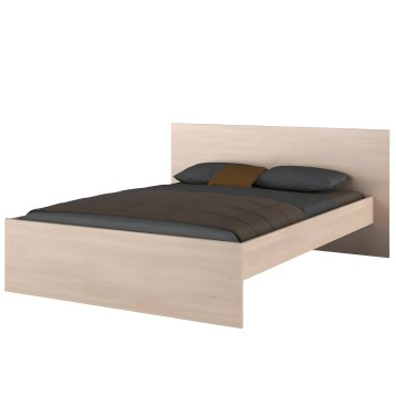 Cama de madera clara con cabecero y respaldo textilizado beige. Incluye colchón gris oscuro y almohadas gris y mostaza