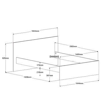 Cama con estructura de metal y respaldo tapizado vista en perspectiva con medidas técnicas