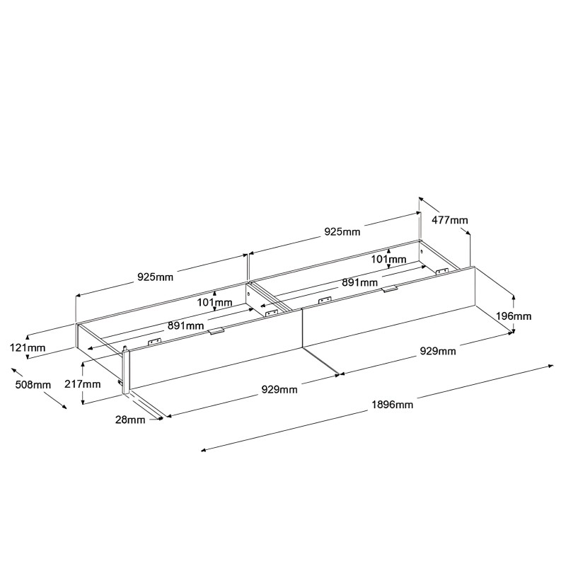 Cama con estructura metálica y cajones de almacenamiento integrados vista en plano técnico isométrico con dimensiones