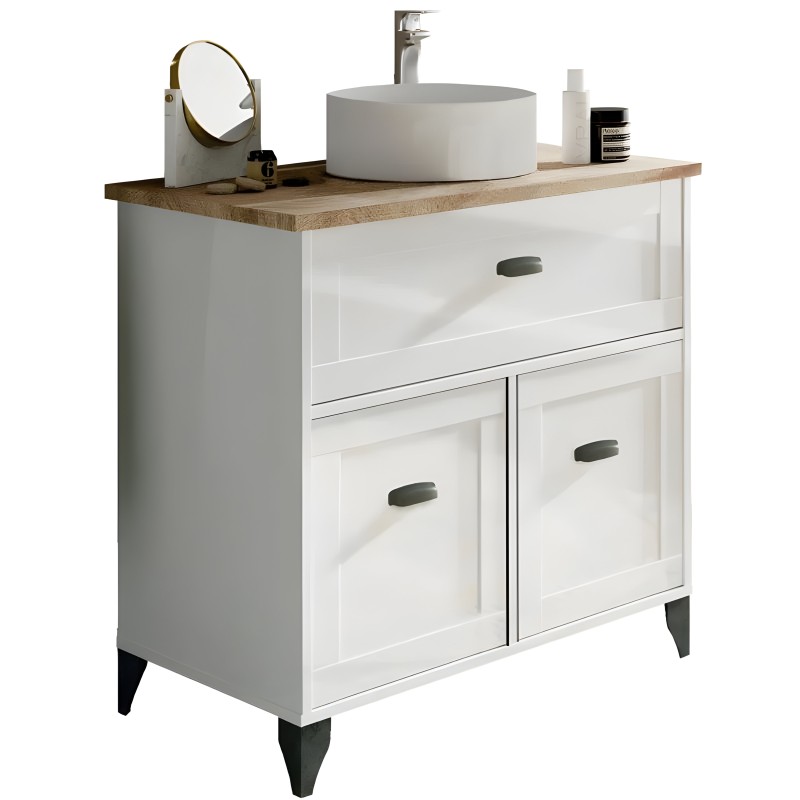 Mueble lavabo blanco con encimera de madera y lavamanos redondo blanco integrado