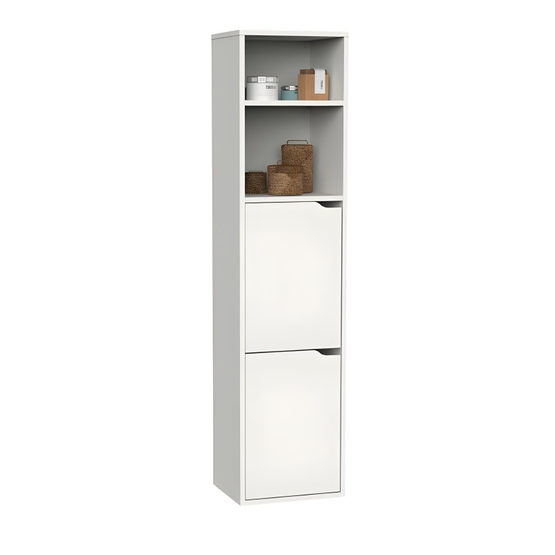 Estantería alta blanca con dos cajones y estantes abiertos para almacenamiento y decoración